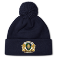 The Old Man Rivah Rugby Pom Pom Beanie by EMB Canterbury is a navy blue beanie with a pom-pom, featuring a crest on the cuff with "Old Man Rivah," "Sor Quam Glodic," and lion designs.