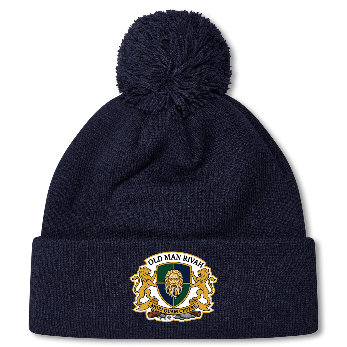 The Old Man Rivah Rugby Pom Pom Beanie by EMB Canterbury is a navy blue beanie with a pom-pom, featuring a crest on the cuff with "Old Man Rivah," "Sor Quam Glodic," and lion designs.
