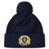 The Old Man Rivah Rugby Pom Pom Beanie by EMB Canterbury is a navy blue beanie with a pom-pom, featuring a crest on the cuff with "Old Man Rivah," "Sor Quam Glodic," and lion designs.