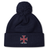 Stay warm and stylish on chilly match days with the SF CDME Rugby Pom Pom Beanie by Canterbury. This cozy navy knit beanie from EMB Canterbury features a playful pom-pom on top, a red and white cross emblem, and "CDME RUGBY" text embroidered on the front—perfect for rugby fans looking to show their team spirit.