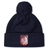 The Montgomery Bucks Griffins Pom Pom Beanie by EMB Canterbury is a navy blue beanie with a pom-pom and features a red crest patch with a white lion and "MBRFC" on the front.