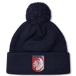 The Montgomery Bucks Griffins Pom Pom Beanie by EMB Canterbury is a navy blue beanie with a pom-pom and features a red crest patch with a white lion and "MBRFC" on the front.