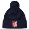 The Montgomery Bucks Griffins Pom Pom Beanie by EMB Canterbury is a navy blue beanie with a pom-pom and features a red crest patch with a white lion and "MBRFC" on the front.
