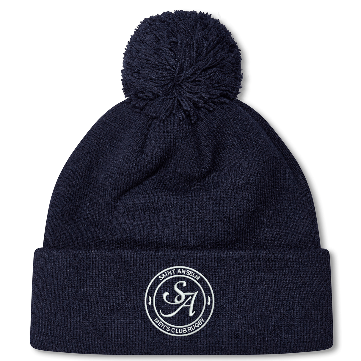 The Saint Anselm College Club Rugby Pom Pom Beanie by EMB Canterbury is a navy blue beanie with a pom-pom, featuring an embroidered white "SA" logo and "Saint Anselm Men's Club Rugby" text on the front cuff.