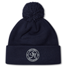 The Saint Anselm College Club Rugby Pom Pom Beanie by EMB Canterbury is a navy blue beanie with a pom-pom, featuring an embroidered white "SA" logo and "Saint Anselm Men's Club Rugby" text on the front cuff.