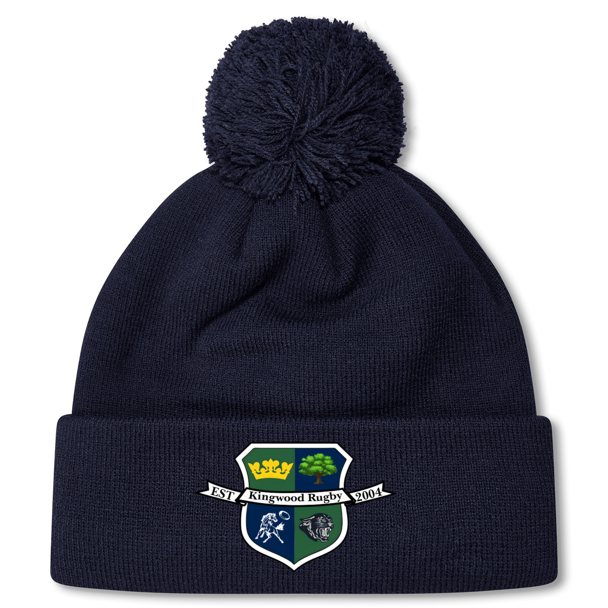 Stay warm and show team pride with the Kingwood Rugby Pom Pom Beanie by EMB Canterbury—a navy knit beanie with fleece lining, pom-pom top, and a "Kingwood Rugby" crest patch on the front.