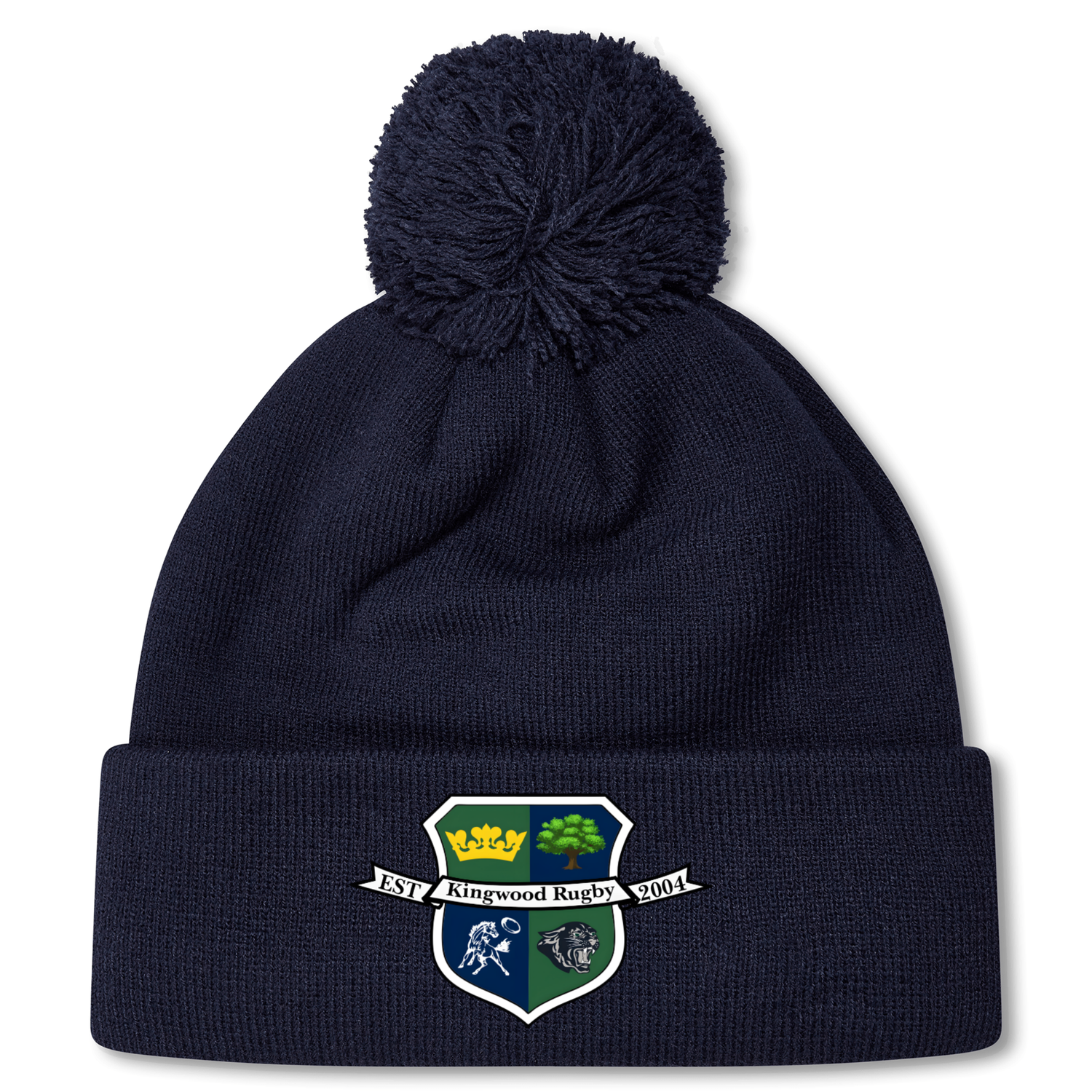 Stay warm and show team pride with the Kingwood Rugby Pom Pom Beanie by EMB Canterbury—a navy knit beanie with fleece lining, pom-pom top, and a "Kingwood Rugby" crest patch on the front.