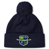 Stay warm and show team pride with the Kingwood Rugby Pom Pom Beanie by EMB Canterbury—a navy knit beanie with fleece lining, pom-pom top, and a "Kingwood Rugby" crest patch on the front.