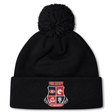 EMB Canterbury's Rye High School 10 Year Pom Pom Beanie by Canterbury is a black fleece-lined hat with a pom-pom, adorned with the "Rye Rugby" logo and the text "50th Anniversary" on the front.