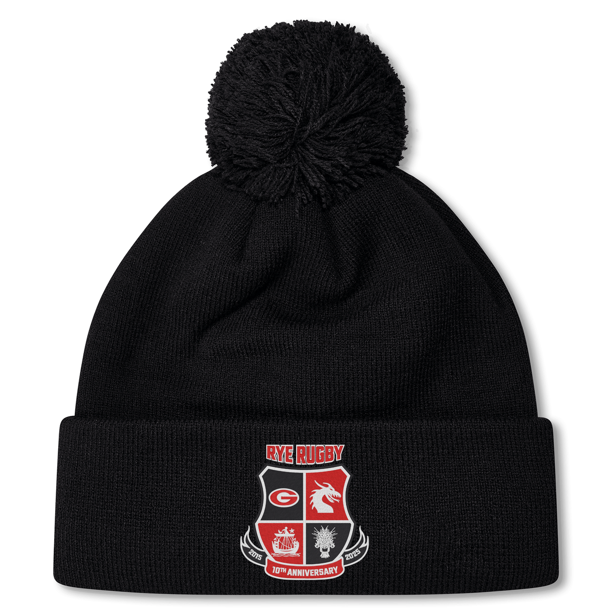 EMB Canterbury's Rye High School 10 Year Pom Pom Beanie by Canterbury is a black fleece-lined hat with a pom-pom, adorned with the "Rye Rugby" logo and the text "50th Anniversary" on the front.