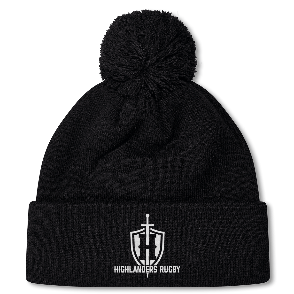 Introducing the Highlanders Rugby NC Pom Pom Beanie by Canterbury from EMB Canterbury: a black fleece-lined beanie featuring a pom-pom on top, the iconic Highlanders Rugby logo, and "Highlanders Rugby" embroidered on the front.
