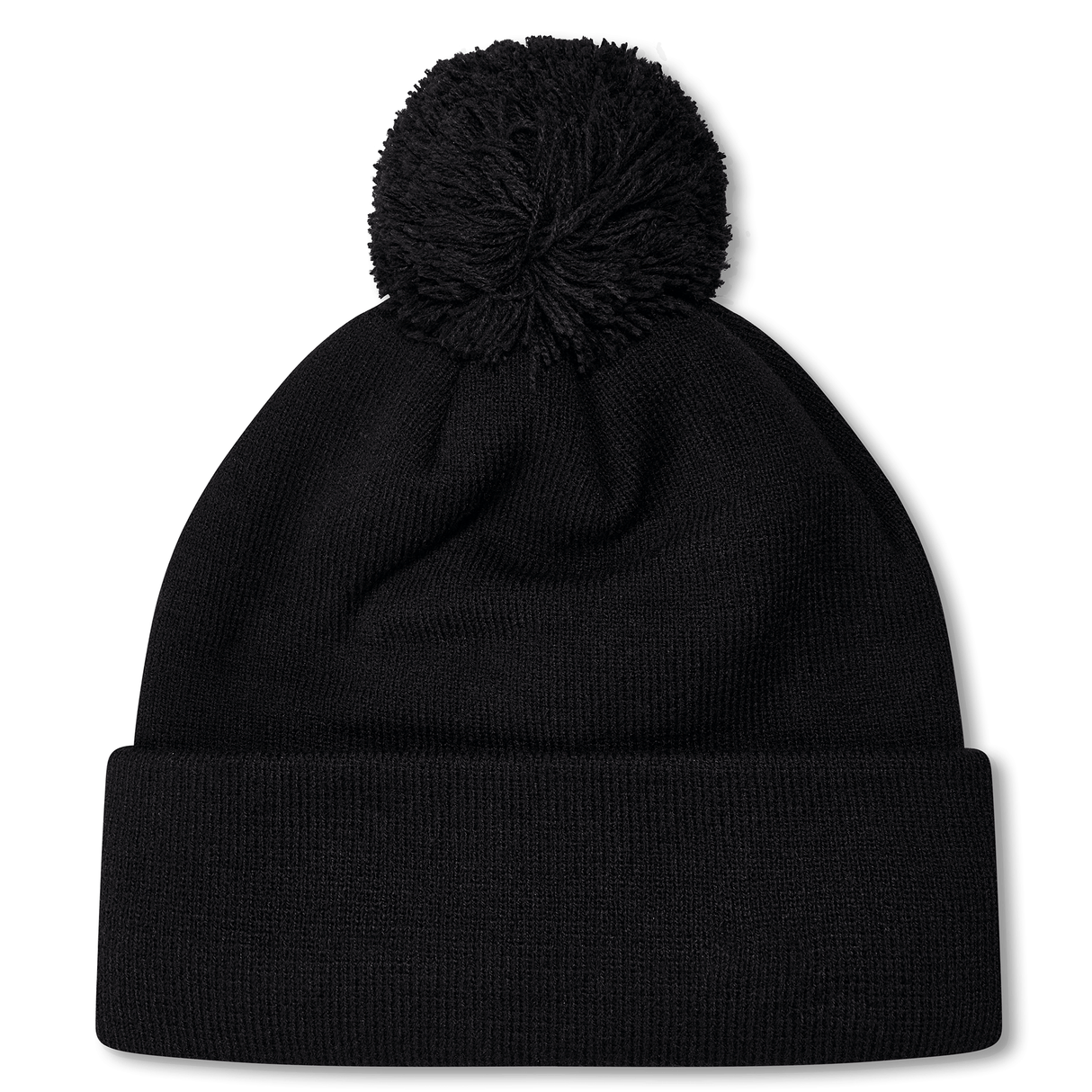 Black knit pompom beanie.
