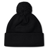 Black knit pompom beanie.