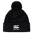 Black knit beanie hat with black pompom on top and white CCC logo on cuff.