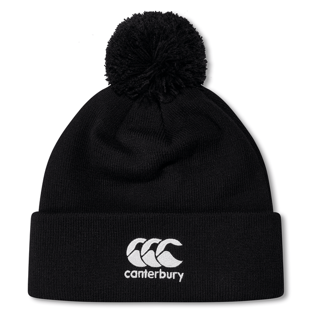 Black knit beanie hat with black pompom on top and white CCC logo on cuff.