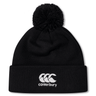 Black knit beanie hat with black pompom on top and white CCC logo on cuff.