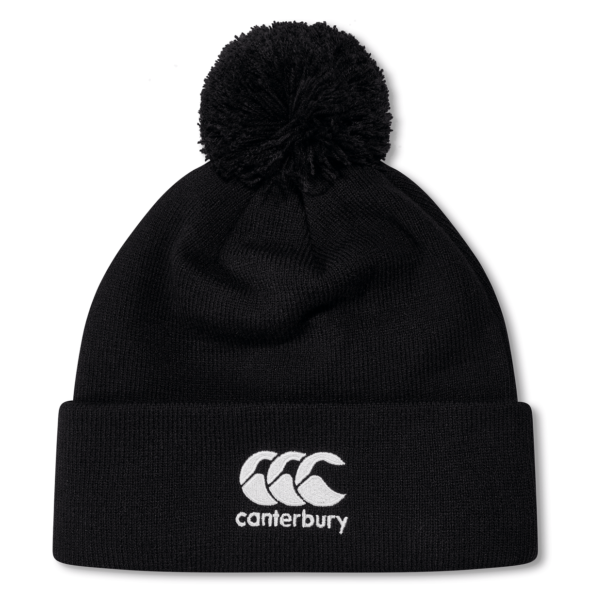 Stay warm on chilly days with the Birmingham Rugby Text Logo Pom Pom Beanie by EMB Canterbury, featuring a black knit design, a pom-pom on top, and the white Canterbury logo embroidered on the front cuff.