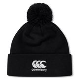 Stay warm on chilly days with the Birmingham Rugby Text Logo Pom Pom Beanie by EMB Canterbury, featuring a black knit design, a pom-pom on top, and the white Canterbury logo embroidered on the front cuff.