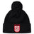 Stay warm in the San Diego Legion Rugby Academy Pom Pom Beanie by EMB Canterbury, featuring a black knit design, fleece lining, and "LEGION SD" in red and white on the front cuff.
