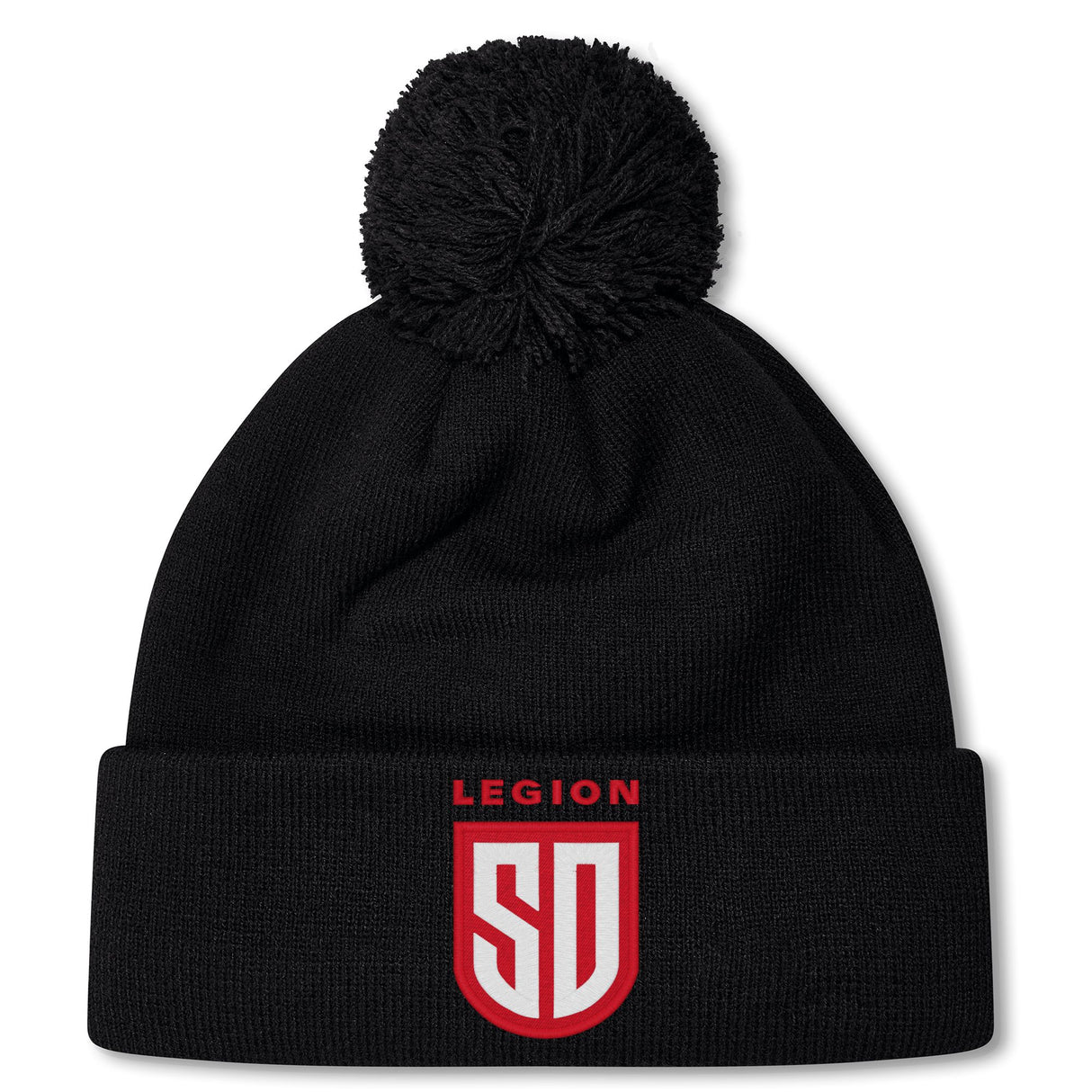 Stay warm in the San Diego Legion Rugby Academy Pom Pom Beanie by EMB Canterbury, featuring a black knit design, fleece lining, and "LEGION SD" in red and white on the front cuff.