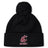 The EMB Canterbury Washington State University Pom Pom Beanie by Canterbury is a black knit fleece-lined hat with a pom-pom, maroon WSU Cougar logo, and "RUGBY" on the cuff.