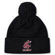 The EMB Canterbury Washington State University Pom Pom Beanie by Canterbury is a black knit fleece-lined hat with a pom-pom, maroon WSU Cougar logo, and "RUGBY" on the cuff.