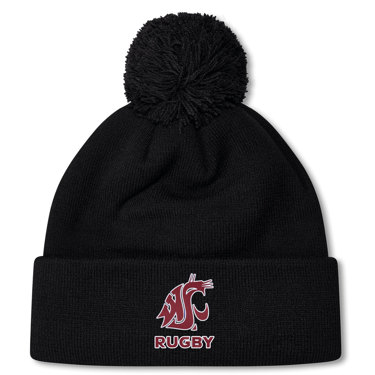 The EMB Canterbury Washington State University Pom Pom Beanie by Canterbury is a black knit fleece-lined hat with a pom-pom, maroon WSU Cougar logo, and "RUGBY" on the cuff.
