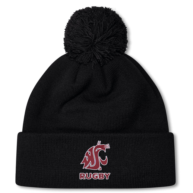 The EMB Canterbury Washington State University Pom Pom Beanie by Canterbury is a black knit fleece-lined hat with a pom-pom, maroon WSU Cougar logo, and "RUGBY" on the cuff.