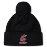 The EMB Canterbury Washington State University Pom Pom Beanie by Canterbury is a black knit fleece-lined hat with a pom-pom, maroon WSU Cougar logo, and "RUGBY" on the cuff.