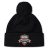The NOVA Barbarians Pom Pom Beanie by EMB Canterbury is a black fleece-lined hat with a pom-pom and features the "NOVA Barbarians" rugby ball logo on the front cuff.