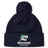 Stay warm with the EMB Canterbury NC Rugby Academy - Megalodons Pom Pom Beanie, a navy fleece-lined hat featuring a pom-pom, embroidered shark logo, and "Megalodons NC Rugby Academy" text on the front.