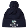 Stay warm with the EMB Canterbury NC Rugby Academy - Megalodons Pom Pom Beanie, a navy fleece-lined hat featuring a pom-pom, embroidered shark logo, and "Megalodons NC Rugby Academy" text on the front.