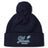 Stay warm in the fleece-lined Gulf Coast Fat Alberts Pom Pom Beanie by EMB Canterbury, featuring "Fat Alberts Rugby" and a rugby ball graphic embroidered on the front cuff. Navy blue knit with classic pom-pom for added style.