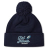 Stay warm in the fleece-lined Gulf Coast Fat Alberts Pom Pom Beanie by EMB Canterbury, featuring "Fat Alberts Rugby" and a rugby ball graphic embroidered on the front cuff. Navy blue knit with classic pom-pom for added style.