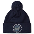 The Georgetown University RFC Pom Pom Beanie by Canterbury features a navy blue knit, fleece lining, pom-pom, bulldog graphic, and club logo—a perfect rugby fan hat from EMB Canterbury.