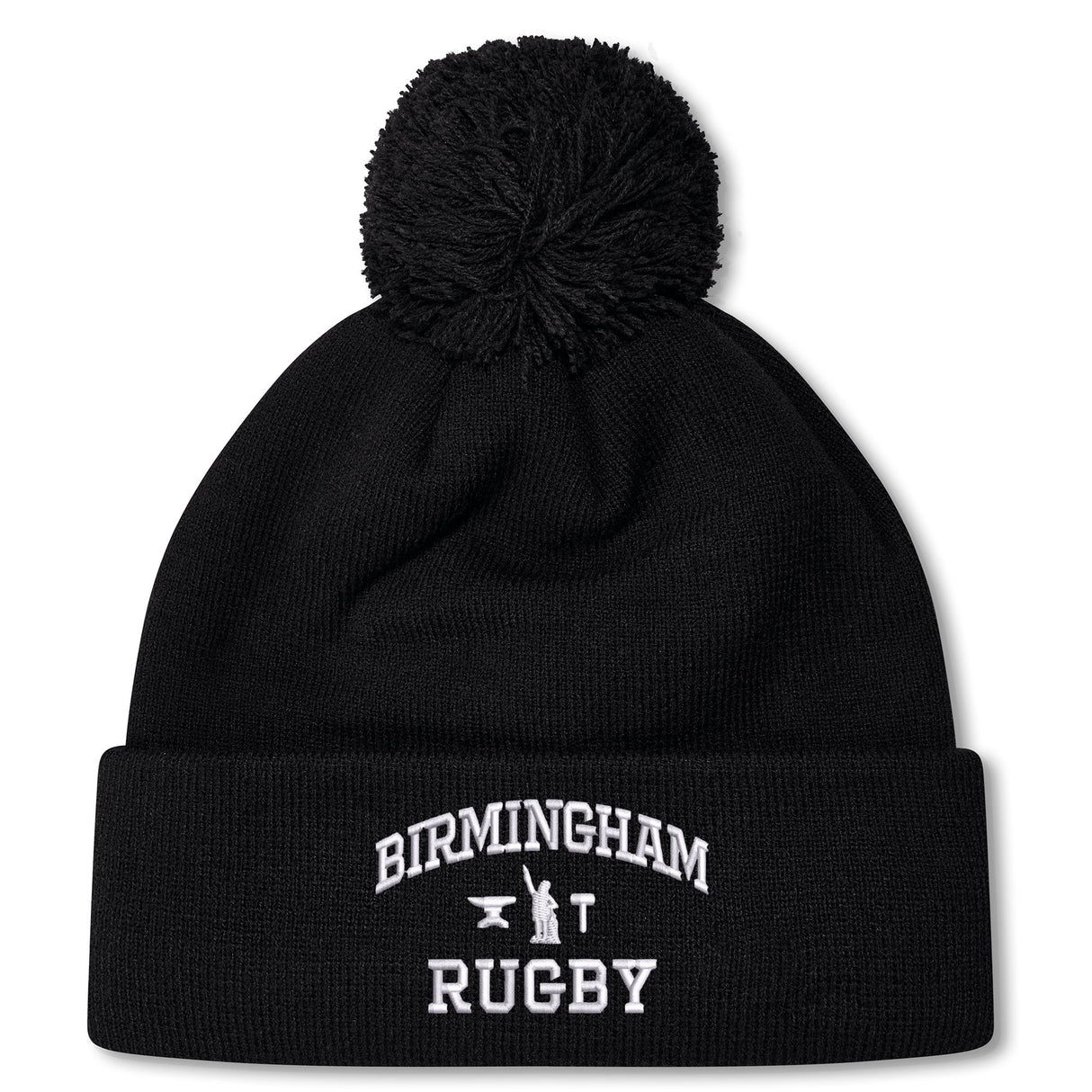 The Birmingham Rugby Text Logo Pom Pom Beanie by Canterbury from EMB Canterbury is a black knit, fleece-lined beanie with a pom-pom on top, featuring “Birmingham Rugby” and a small graphic embroidered in white on the front cuff.