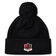 Black fleece-lined bobble hat featuring a pom-pom and the Southern Pines Youth Rugby logo on the brim, by EMB Canterbury.