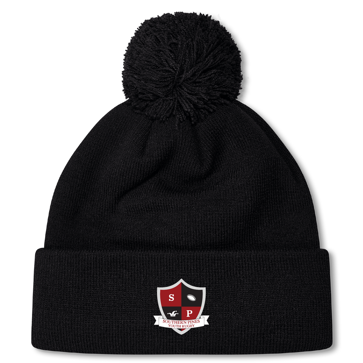 Black fleece-lined bobble hat featuring a pom-pom and the Southern Pines Youth Rugby logo on the brim, by EMB Canterbury.