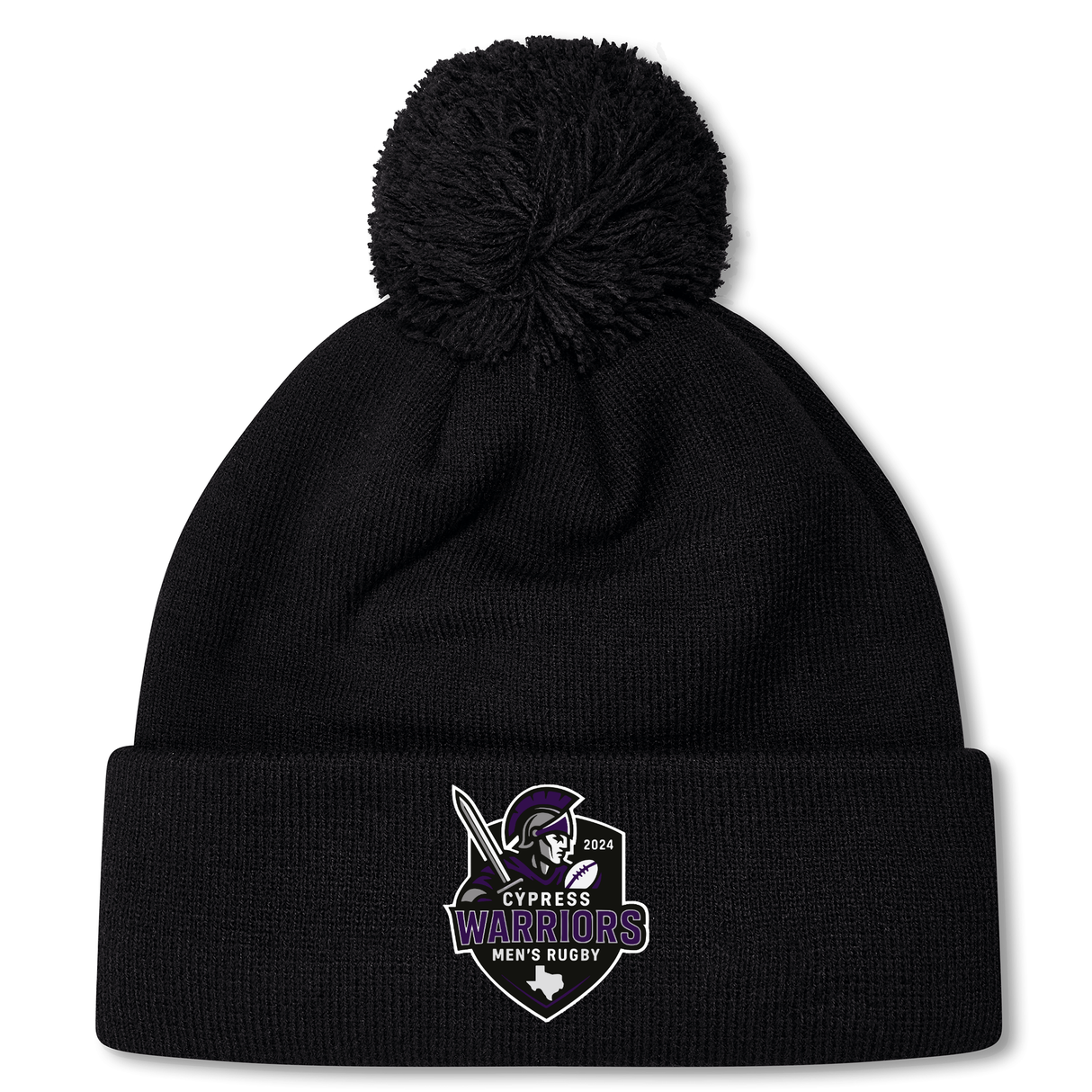 Stay warm at chilly matches with the Cypress Warriors Men's Rugby Pom Pom Beanie by EMB Canterbury, featuring a fun pom-pom on top and a "Cypress Warriors Men's Rugby 2024" logo on the front cuff. Perfect for team spirit!.