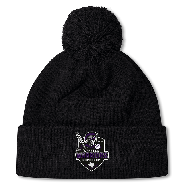 Stay warm at chilly matches with the Cypress Warriors Men's Rugby Pom Pom Beanie by EMB Canterbury, featuring a fun pom-pom on top and a "Cypress Warriors Men's Rugby 2024" logo on the front cuff. Perfect for team spirit!.