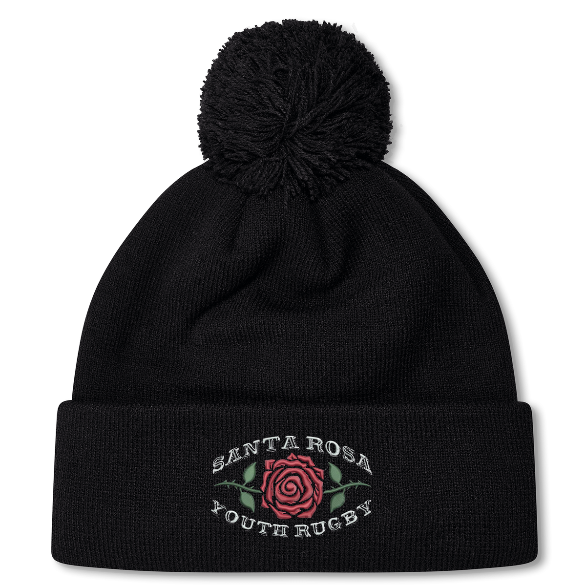 The Santa Rosa Youth Rugby Pom Pom Beanie by EMB Canterbury is a black knit rugby beanie with a pom-pom on top, featuring a rose graphic and “Santa Rosa Youth Rugby” embroidered on the front.
