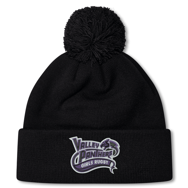 Stay warm and display your team pride with the Valley Panthers Girls Rugby Pom Pom Beanie by Canterbury. This black knit beanie from EMB Canterbury features a cozy pom-pom on top and showcases the bold purple and white “Valley Panthers Girls Rugby” logo on the front fold—perfect for any rugby enthusiast.