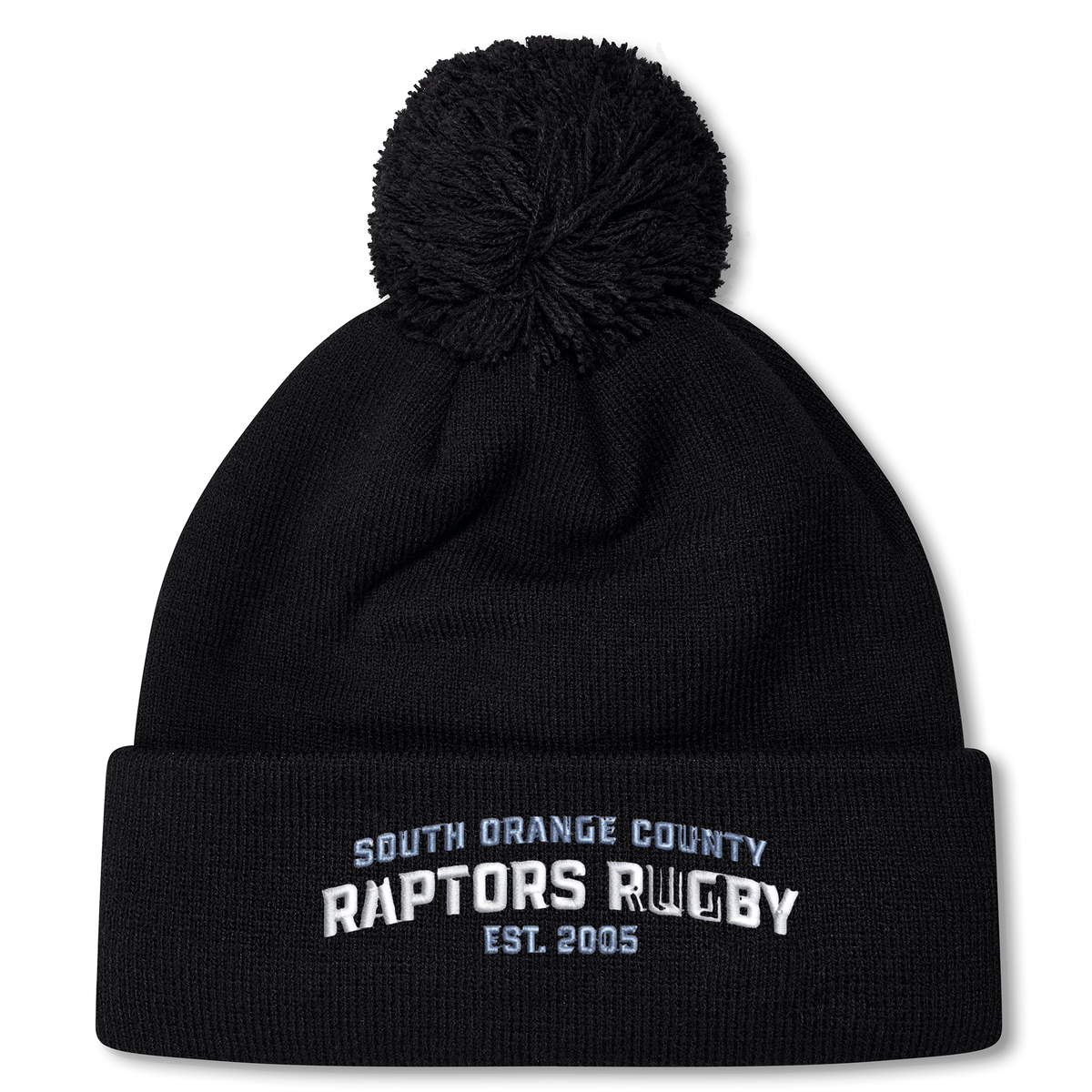 Stay warm and showcase your team spirit with the South Orange County Raptors Pom Pom Beanie by Canterbury. This cozy black knit beanie from EMB Canterbury features a classic pom-pom on top and white and blue embroidered text reading “South Orange County Raptors Rugby Est. 2005.”.