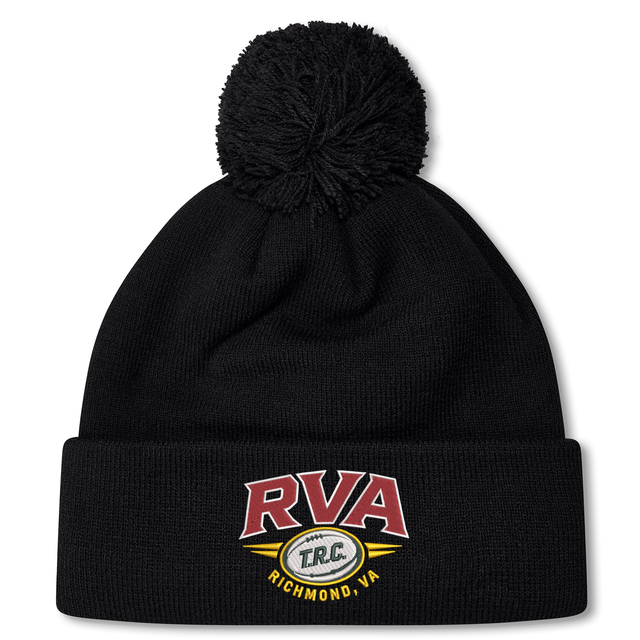 The RVA T.R.C. Pom Pom Beanie by Canterbury from EMB Canterbury is a black knit beanie inspired by the classic Canterbury bobble hat, topped with a pom-pom and featuring an embroidered patch on the front cuff that reads “RVA T.R.C. Richmond, VA.”.