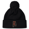 Aging Alabama Rugby Players Pom Pom Beanie by Canterbury featuring a patch of the state of Alabama with a red graphic of a grim reaper and the text “HARD.”.