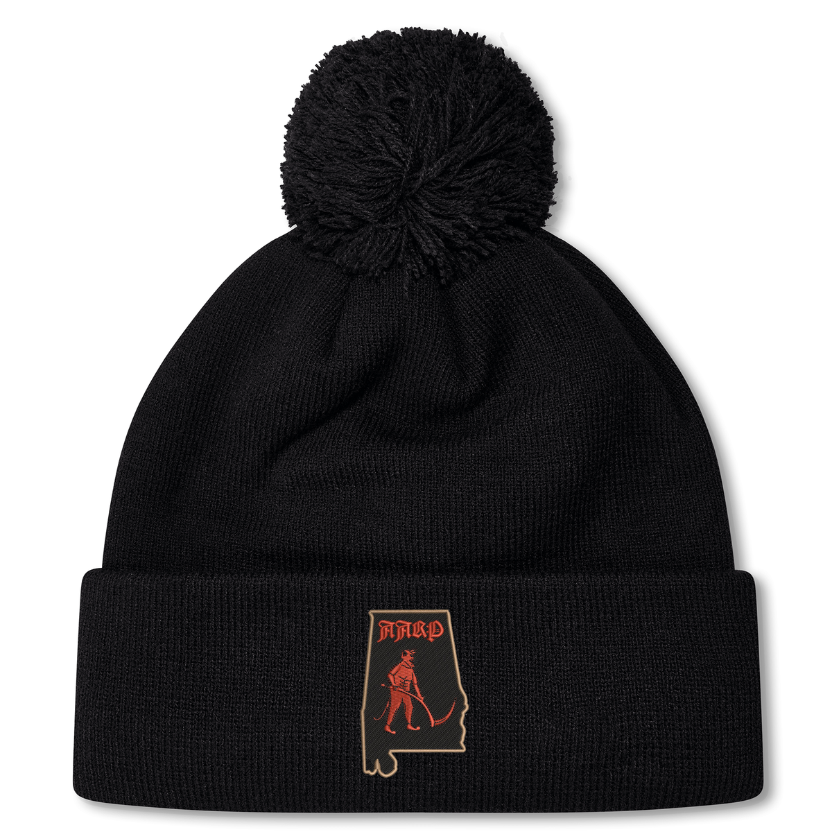 Aging Alabama Rugby Players Pom Pom Beanie by Canterbury featuring a patch of the state of Alabama with a red graphic of a grim reaper and the text “HARD.”.