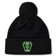 Black Rock Rugby Pom Pom Beanie by Canterbury with a matching pom-pom and a green “ROCK RUGBY LIONS” patch on the front.