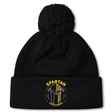 The Spartan Youth Rugby Pom Pom Beanie by EMB Canterbury features a black design with a pom-pom, fleece lining, and a Spartan helmet logo on the cuff—perfect for keeping rugby fans warm and stylish.