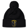 The Spartan Youth Rugby Pom Pom Beanie by EMB Canterbury features a black design with a pom-pom, fleece lining, and a Spartan helmet logo on the cuff—perfect for keeping rugby fans warm and stylish.