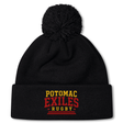 Stay warm and show your team spirit with the Potomac Exiles Rugby Club Pom Pom Beanie by EMB Canterbury. This cozy black knit hat features a pom-pom on top and "Potomac Exiles Rugby" beautifully embroidered in yellow and red on the folded brim, making it the perfect accessory for any rugby fan.